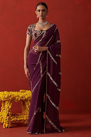 Wine Georgette Floral Jaal Embroidered Saree by RASHIKA MITTAL