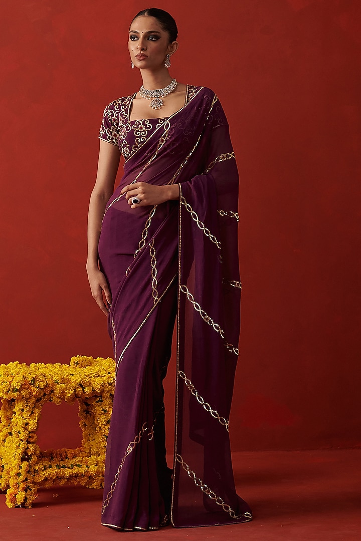 Wine Georgette Floral Jaal Embroidered Party Wear Saree by RASHIKA MITTAL at Pernia's Pop Up Shop