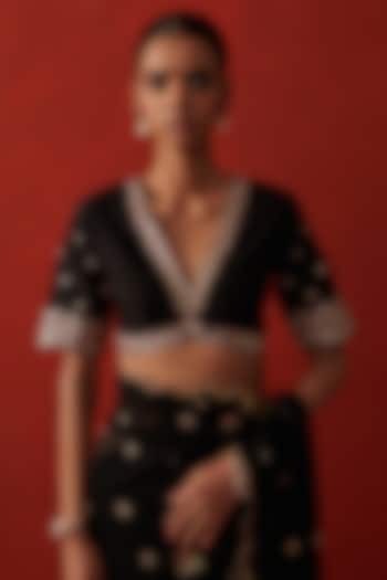 Deep Black Silk Floral Hand Embroidered Blouse by RASHIKA MITTAL at Pernia's Pop Up Shop