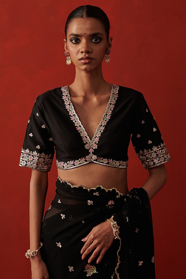 Deep Black Silk Floral Hand Embroidered Blouse by RASHIKA MITTAL at Pernia's Pop Up Shop