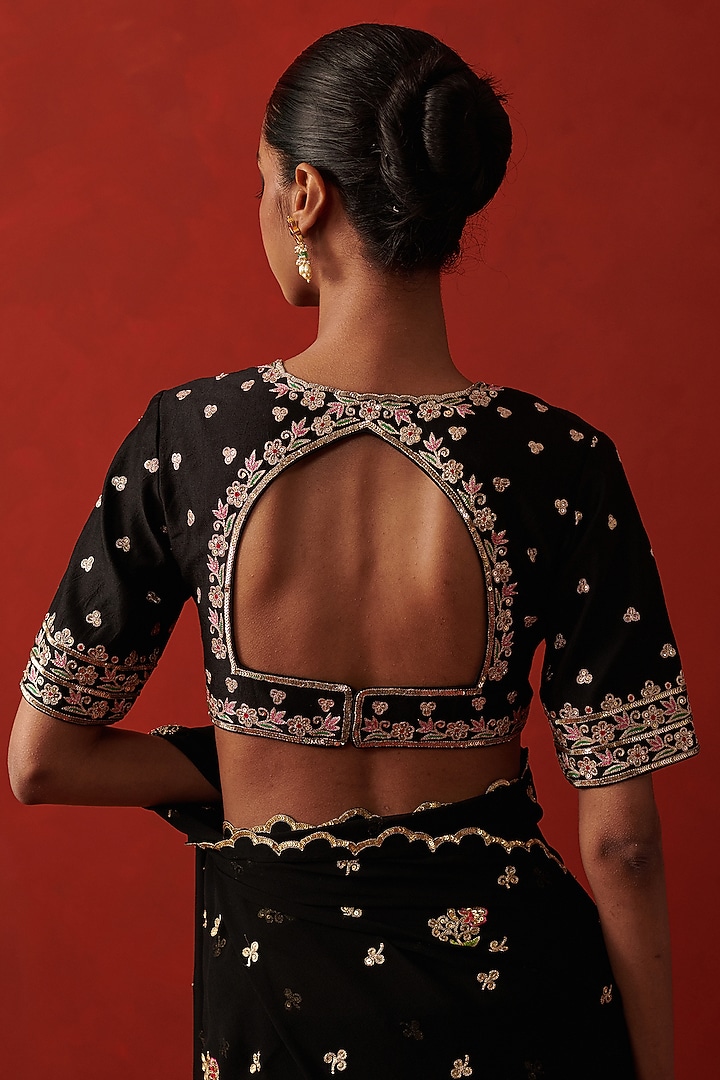Deep Black Silk Floral Hand Embroidered Blouse by RASHIKA MITTAL at Pernia's Pop Up Shop