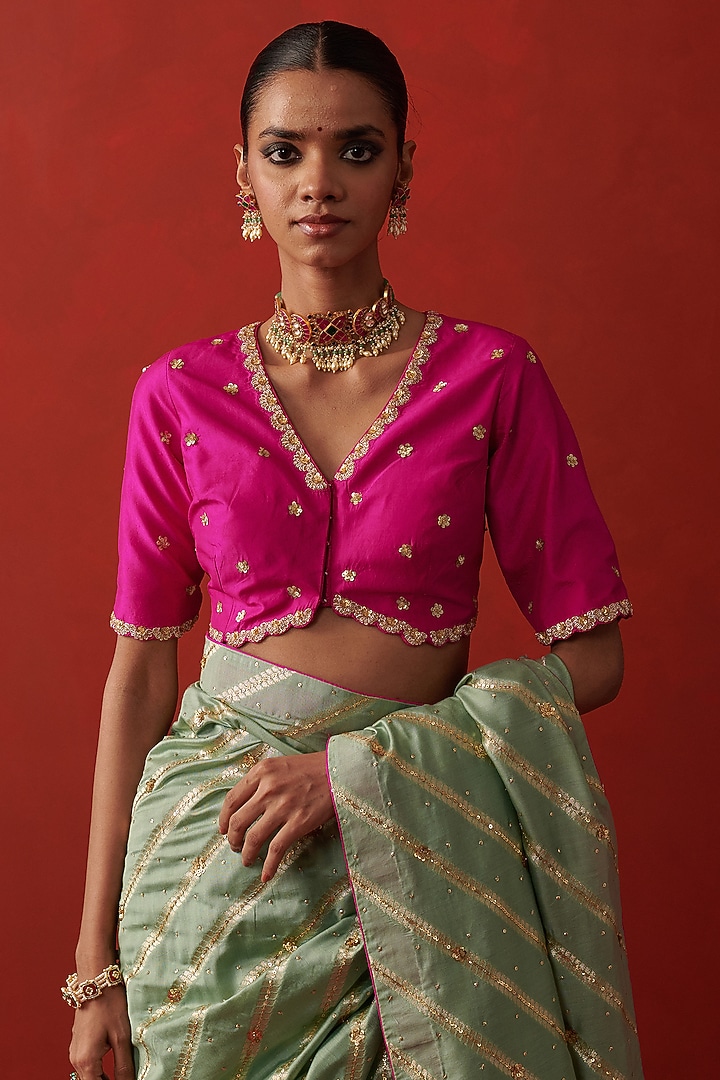 Deep Rani Pink Silk Sequin Hand Embroidered Blouse by RASHIKA MITTAL at Pernia's Pop Up Shop