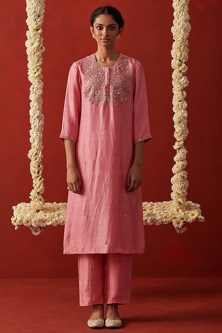 Soft Pink Silk Zardosi Embroidered Kurta Set by RASHIKA MITTAL at Pernia's Pop Up Shop