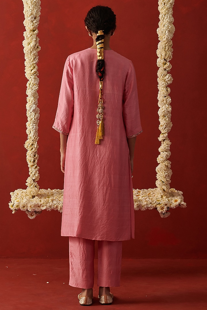 Soft Pink Silk Zardosi Embroidered Kurta Set by RASHIKA MITTAL at Pernia's Pop Up Shop