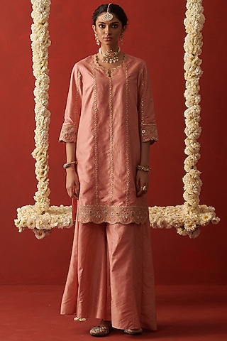 Coral Silk Sharara Set by RASHIKA MITTAL