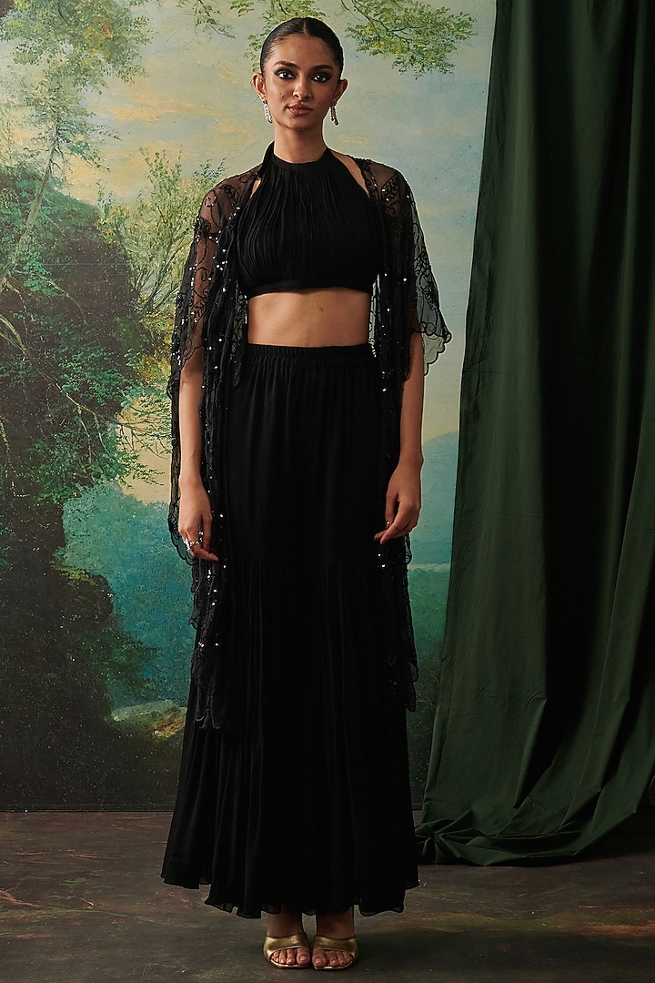 Black Organza Sequin Embroidered Cape Set by RASHIKA MITTAL at Pernia's Pop Up Shop