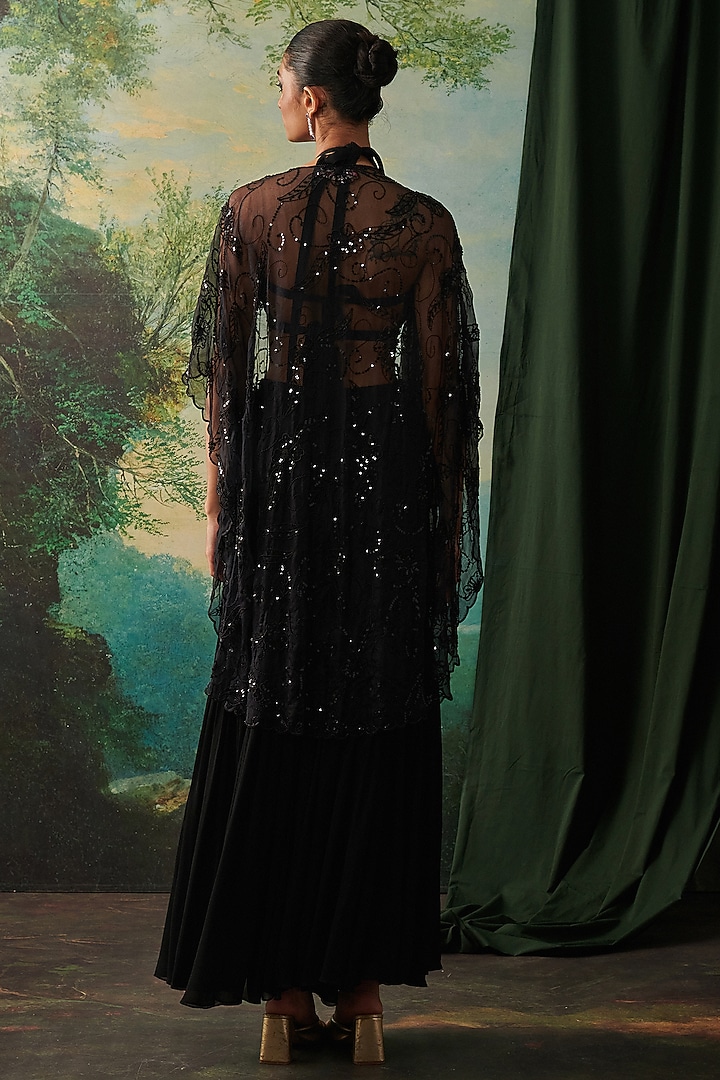 Black Organza Sequin Embroidered Cape Set by RASHIKA MITTAL at Pernia's Pop Up Shop