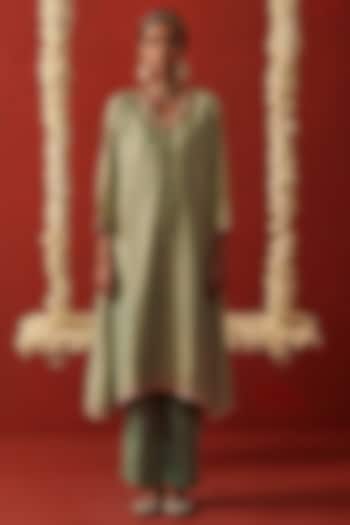 Sage Green Tissue Silk Zardosi Embroidered Asymmetric Kurta Set by RASHIKA MITTAL at Pernia's Pop Up Shop