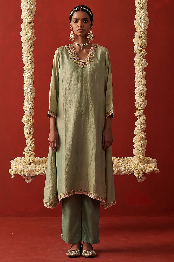 Sage Green Tissue Silk Zardosi Embroidered Asymmetric Kurta Set by RASHIKA MITTAL at Pernia's Pop Up Shop
