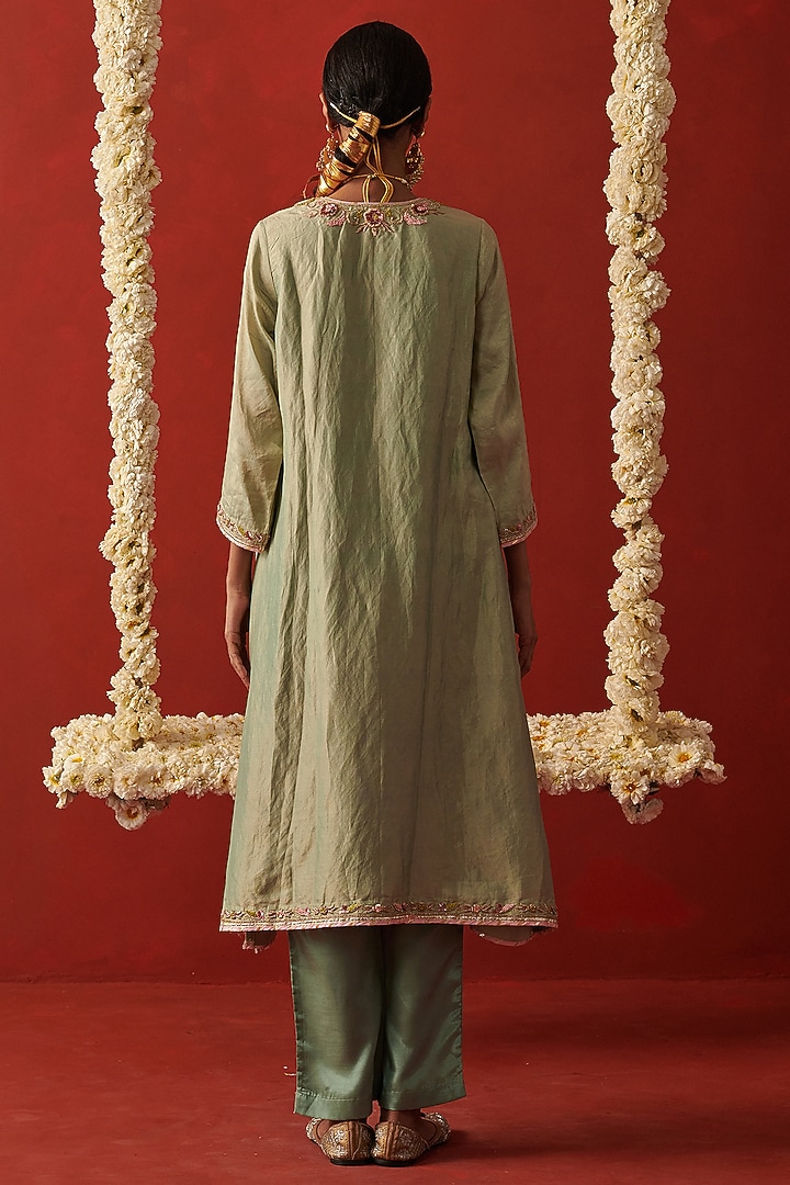 Sage Green Tissue Silk Zardosi Embroidered Asymmetric Kurta Set by RASHIKA MITTAL at Pernia's Pop Up Shop