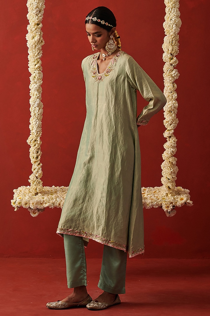 Sage Green Tissue Silk Zardosi Embroidered Asymmetric Kurta Set by RASHIKA MITTAL at Pernia's Pop Up Shop