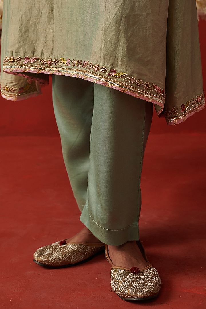 Sage Green Tissue Silk Zardosi Embroidered Asymmetric Kurta Set by RASHIKA MITTAL at Pernia's Pop Up Shop