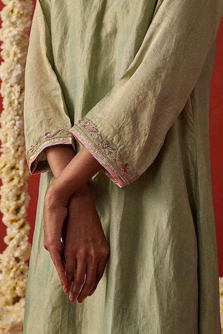 Sage Green Tissue Silk Zardosi Embroidered Asymmetric Kurta Set by RASHIKA MITTAL at Pernia's Pop Up Shop