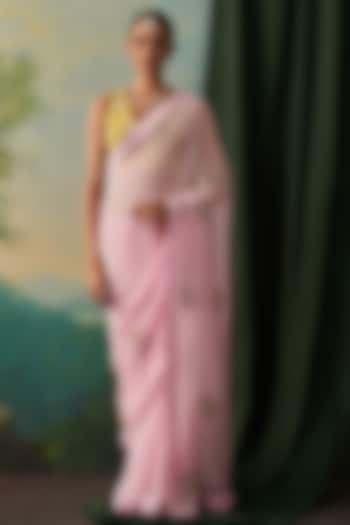 Blush Pink Chiffon Floral & Cutdana Embroidered Wedding Saree by RASHIKA MITTAL at Pernia's Pop Up Shop