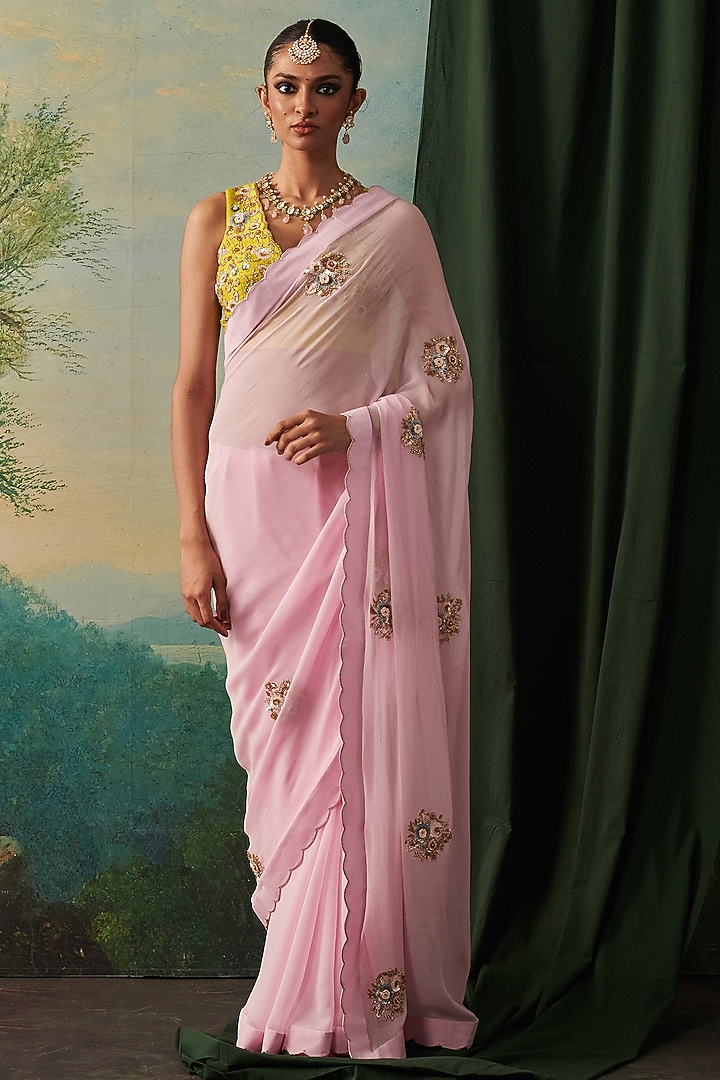 Blush Pink Chiffon Floral & Cutdana Embroidered Wedding Saree by RASHIKA MITTAL at Pernia's Pop Up Shop