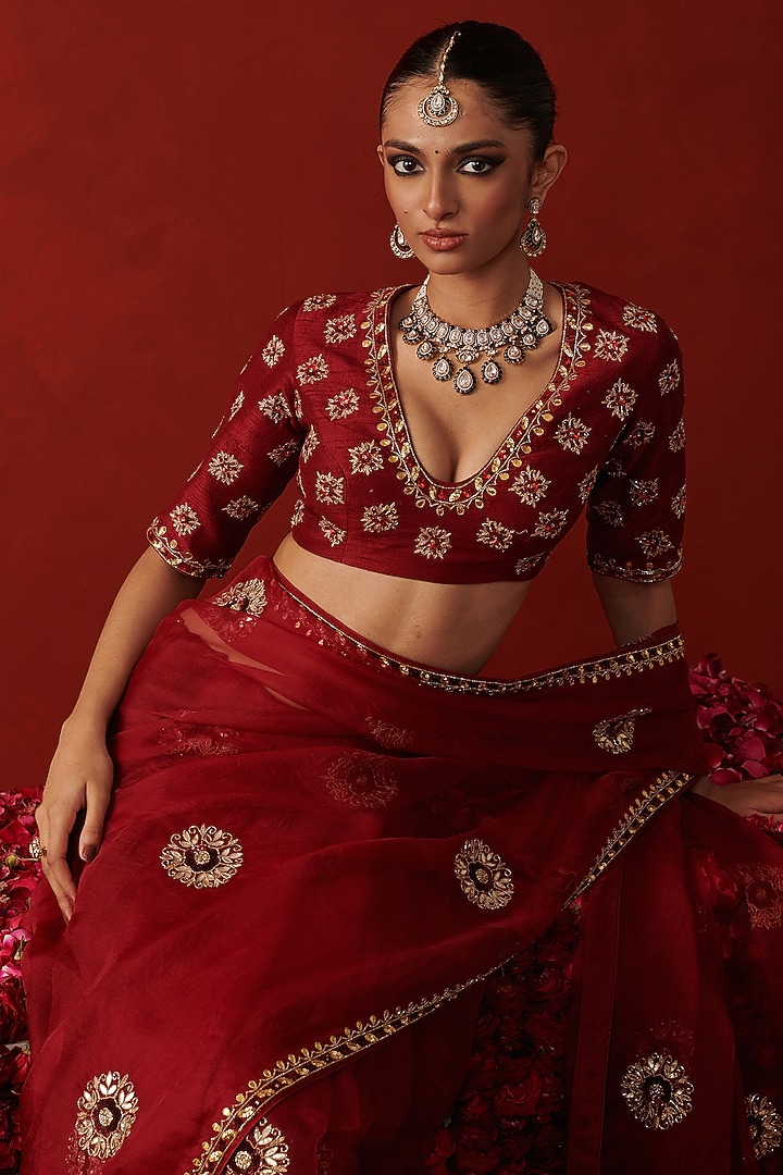 Sindoori Red Organza Gota Hand Embroidered Party Wear Saree by RASHIKA MITTAL at Pernia's Pop Up Shop