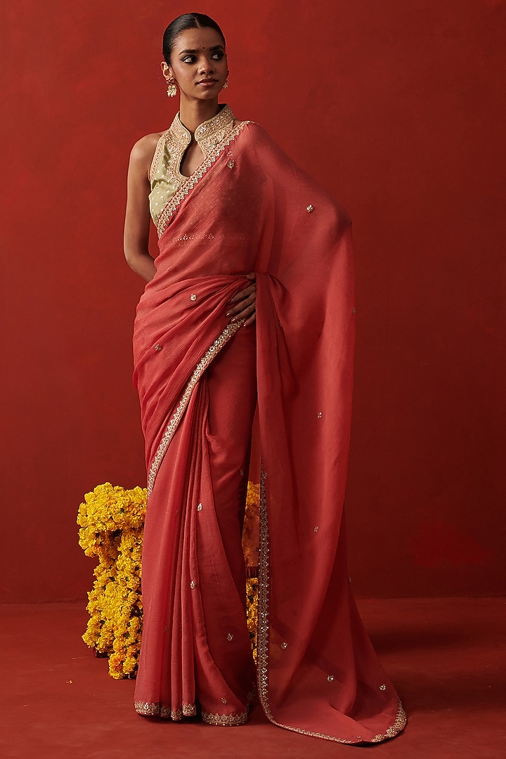 Orange Chiffon Gota Hand Embroidered Wedding Saree by RASHIKA MITTAL at Pernia's Pop Up Shop