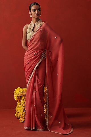Orange Chiffon Gota Hand Embroidered Saree by RASHIKA MITTAL