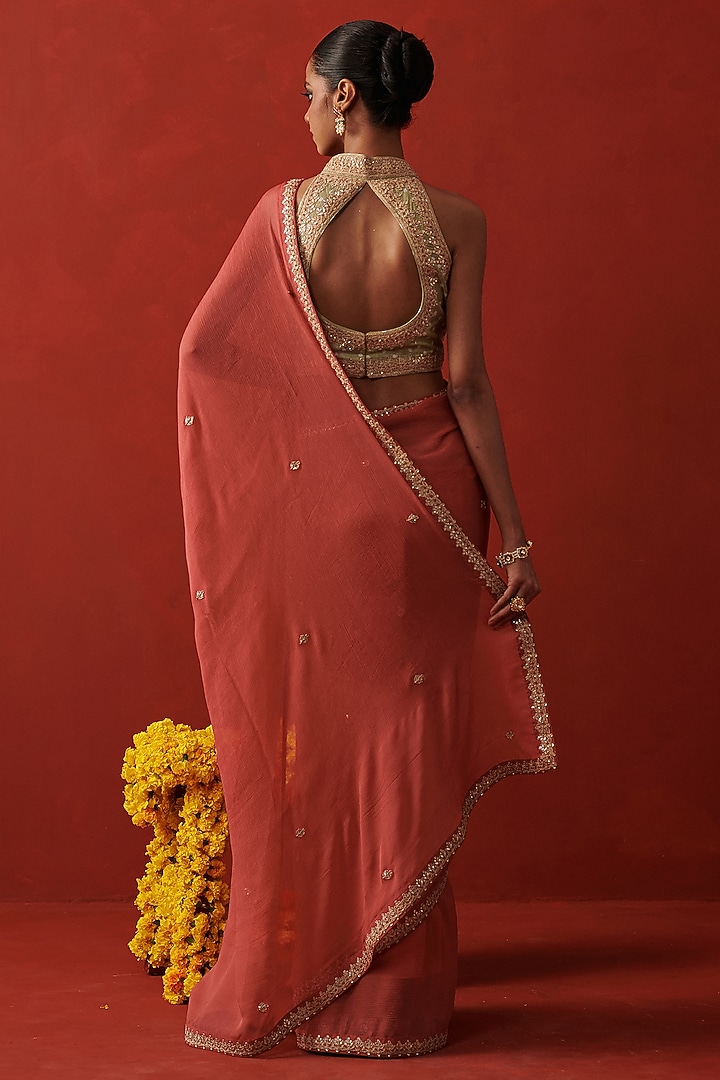 Orange Chiffon Gota Hand Embroidered Party Wear Saree by RASHIKA MITTAL at Pernia's Pop Up Shop