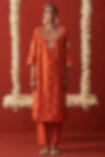 Orange Silk Marodi & Sequin Embroidered Kurta Set by RASHIKA MITTAL at Pernia's Pop Up Shop