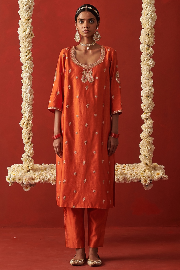 Orange Silk Marodi & Sequin Embroidered Kurta Set by RASHIKA MITTAL at Pernia's Pop Up Shop