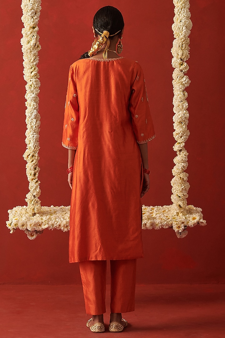 Orange Silk Marodi & Sequin Embroidered Kurta Set by RASHIKA MITTAL at Pernia's Pop Up Shop