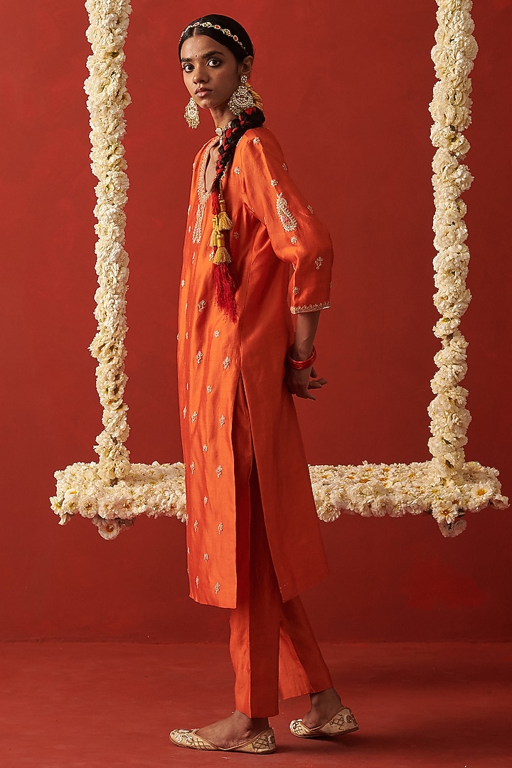 Orange Silk Marodi & Sequin Embroidered Kurta Set by RASHIKA MITTAL at Pernia's Pop Up Shop