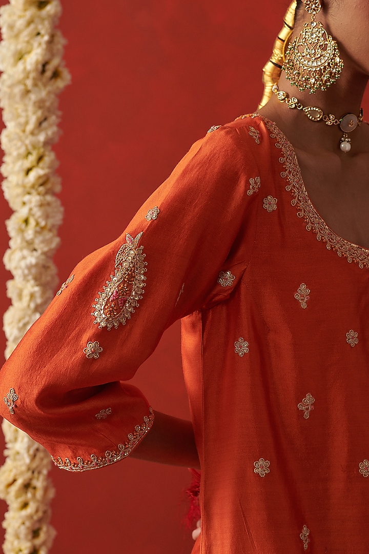 Orange Silk Marodi & Sequin Embroidered Kurta Set by RASHIKA MITTAL at Pernia's Pop Up Shop
