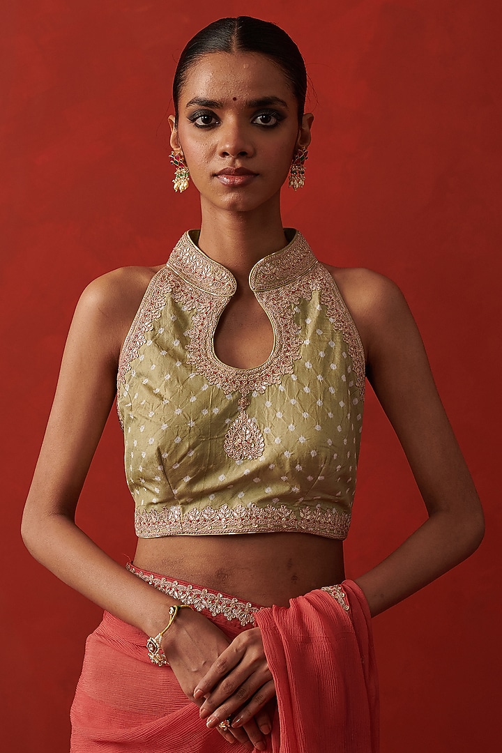 Green Bandhani Silk Gota Embroidered Blouse by RASHIKA MITTAL at Pernia's Pop Up Shop
