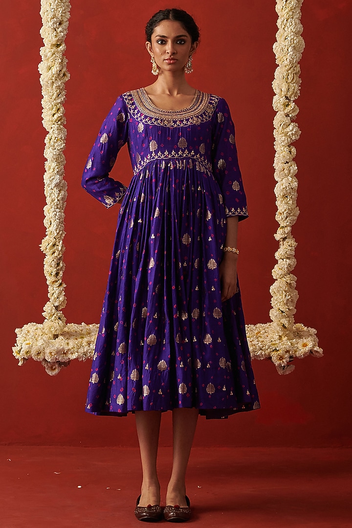 Purple Bandhani Banarasi Silk Sequin Hand Embroidered Party Wear Anarkali by RASHIKA MITTAL at Pernia's Pop Up Shop