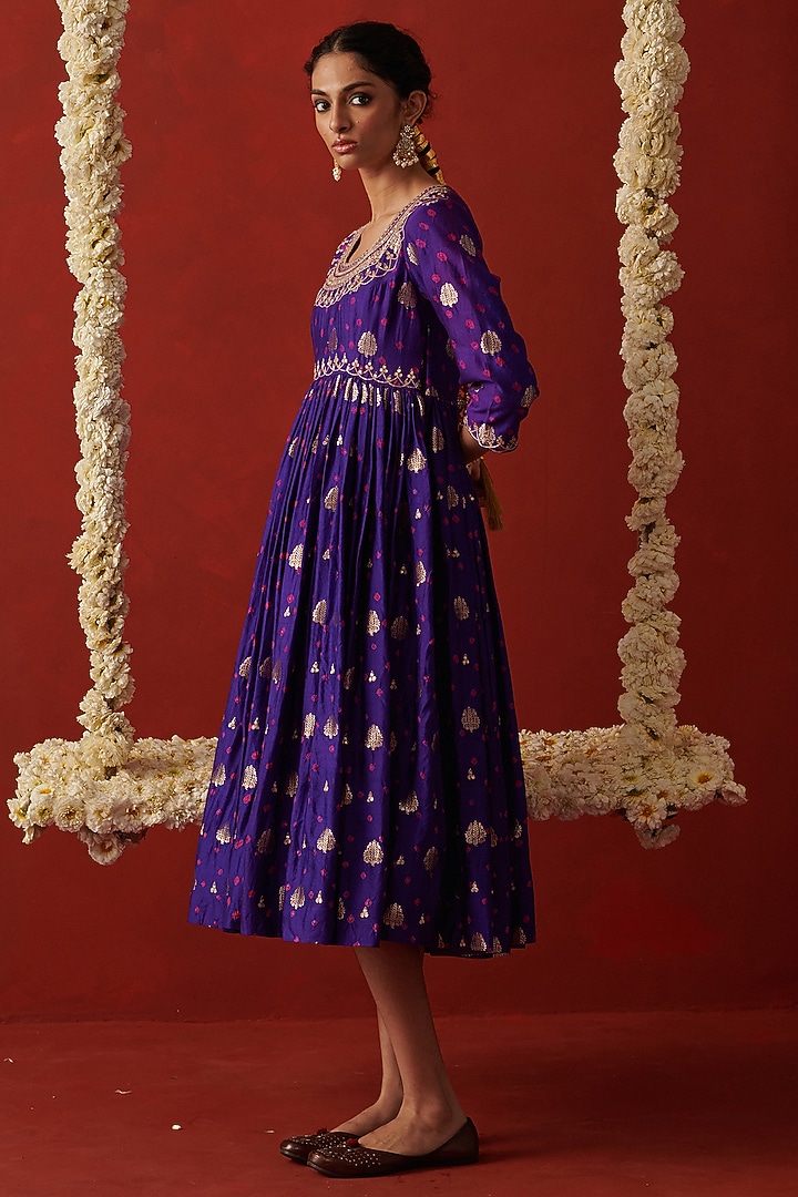 Purple Bandhani Banarasi Silk Sequin Hand Embroidered Party Wear Anarkali by RASHIKA MITTAL at Pernia's Pop Up Shop