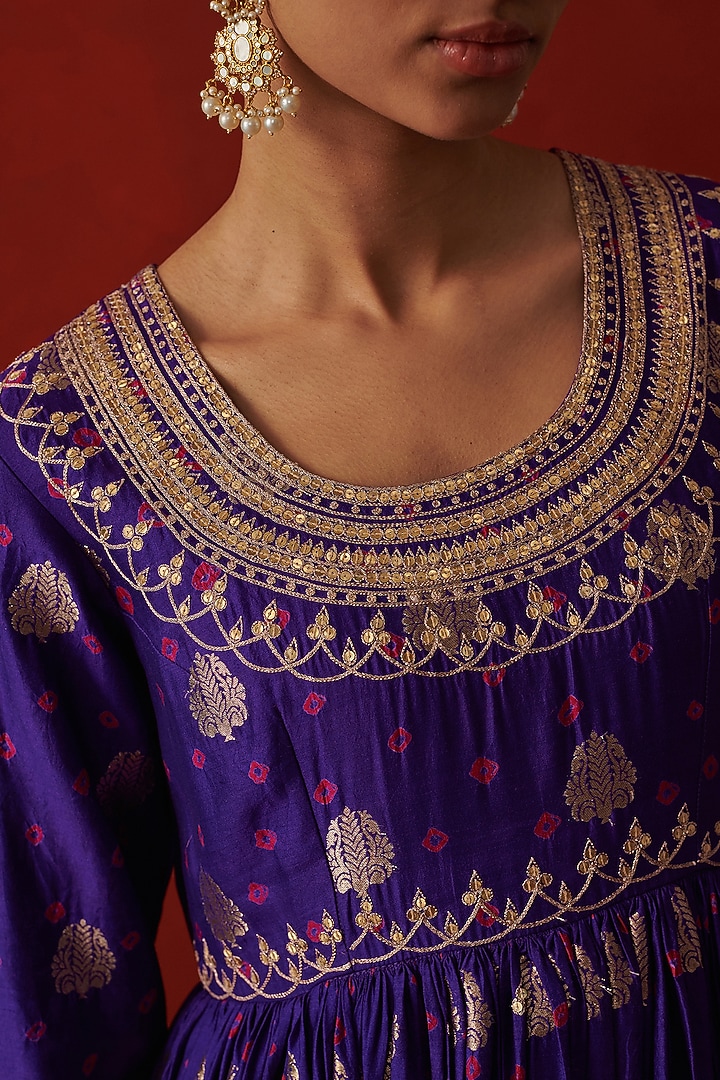 Purple Bandhani Banarasi Silk Sequin Hand Embroidered Party Wear Anarkali by RASHIKA MITTAL at Pernia's Pop Up Shop