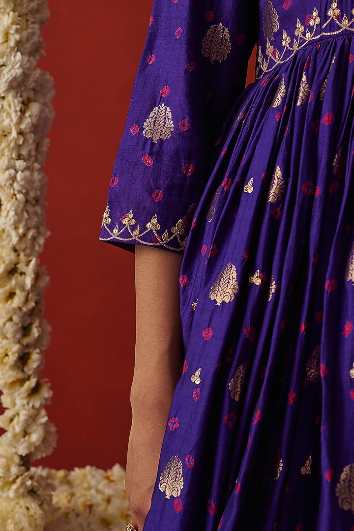 Purple Bandhani Banarasi Silk Sequin Hand Embroidered Party Wear Anarkali by RASHIKA MITTAL at Pernia's Pop Up Shop