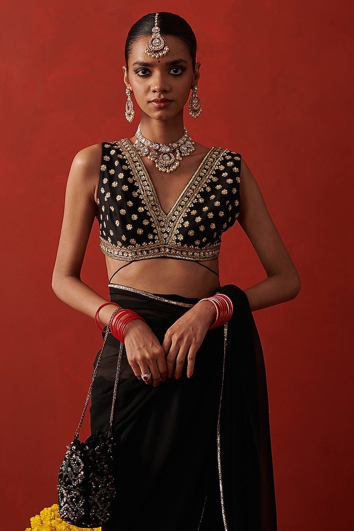 Deep Black Silk Sequin Hand Embroidered Sleeveless Blouse by RASHIKA MITTAL at Pernia's Pop Up Shop