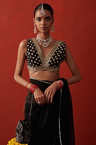 Deep Black Silk Sequin Hand Embroidered Sleeveless Blouse by RASHIKA MITTAL