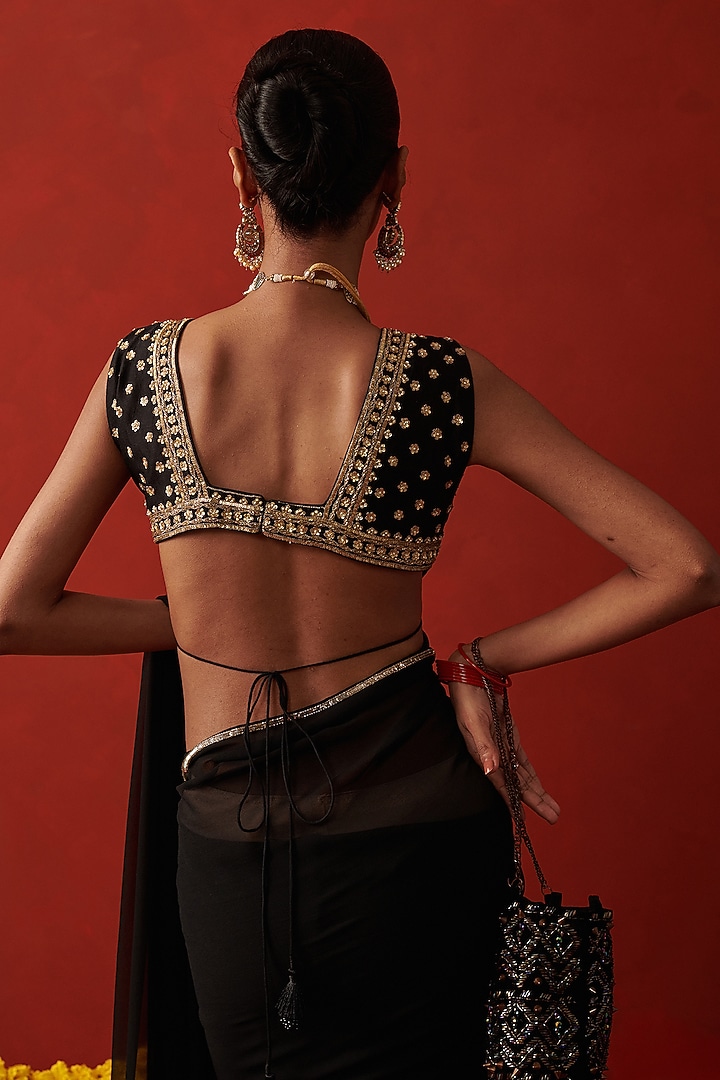 Deep Black Silk Sequin Hand Embroidered Sleeveless Blouse by RASHIKA MITTAL at Pernia's Pop Up Shop