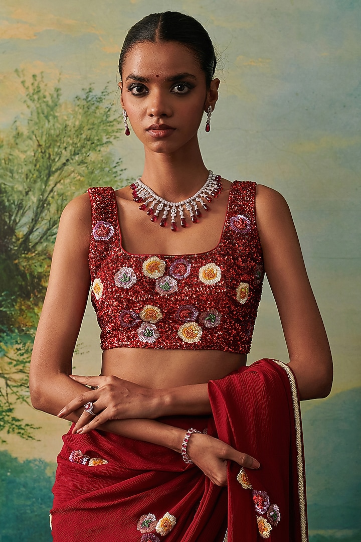Red Silk Sequin Hand Embroidered Sleeveless Blouse by RASHIKA MITTAL at Pernia's Pop Up Shop
