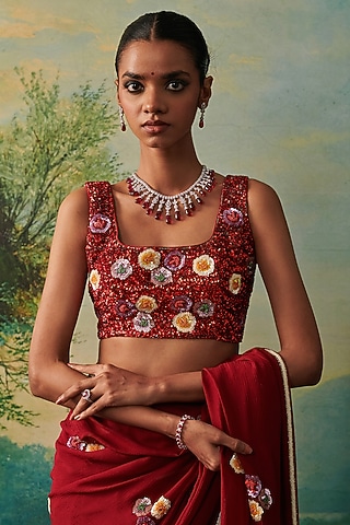 Red Silk Sequin Hand Embroidered Sleeveless Blouse by RASHIKA MITTAL
