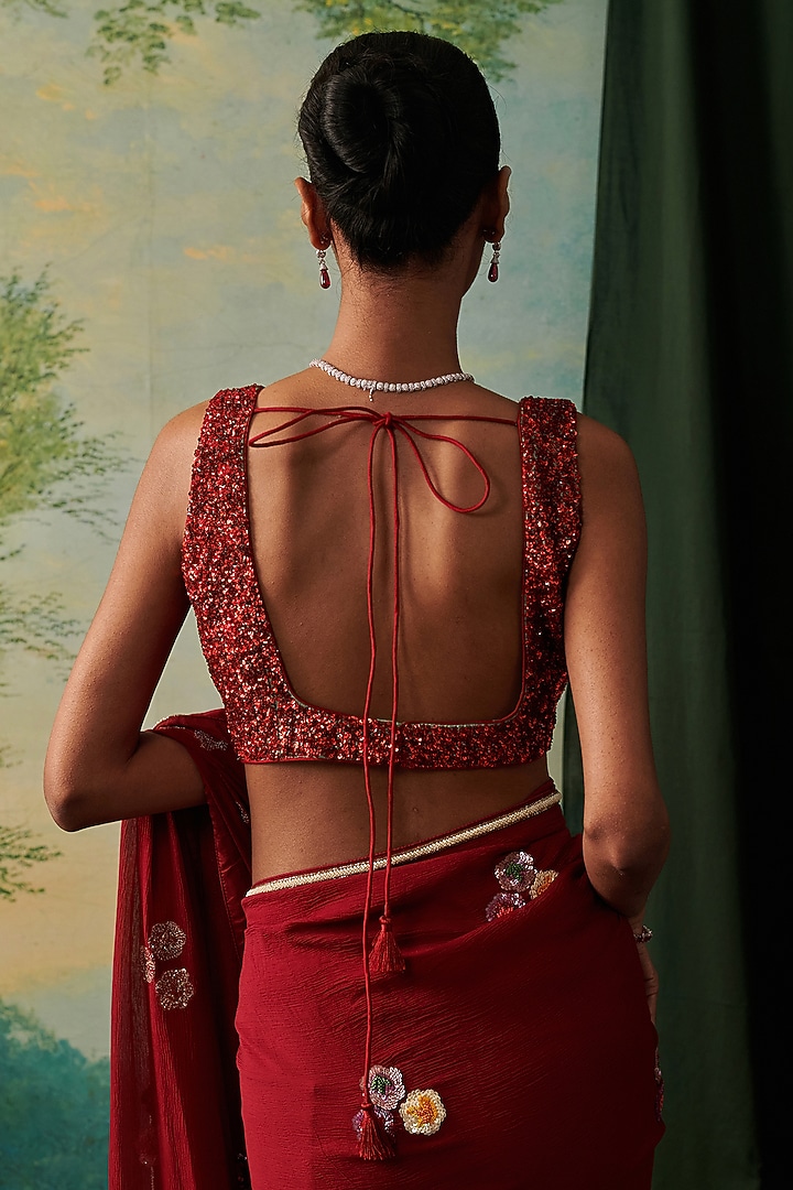 Red Silk Sequin Hand Embroidered Sleeveless Blouse by RASHIKA MITTAL at Pernia's Pop Up Shop