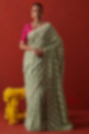 Mint Green Banarasi Brocade Silk Sequin Embroidered Party Wear Saree by RASHIKA MITTAL at Pernia's Pop Up Shop