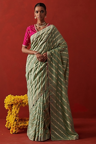 Mint Green Banarasi Brocade Silk Sequin Embroidered Saree by RASHIKA MITTAL