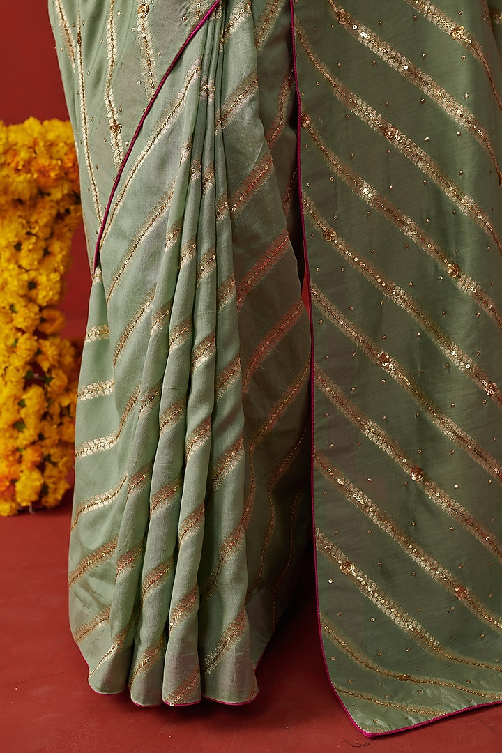 Mint Green Banarasi Brocade Silk Sequin Embroidered Party Wear Saree by RASHIKA MITTAL at Pernia's Pop Up Shop