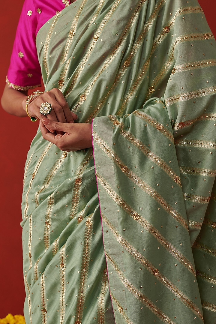 Mint Green Banarasi Brocade Silk Sequin Embroidered Party Wear Saree by RASHIKA MITTAL at Pernia's Pop Up Shop