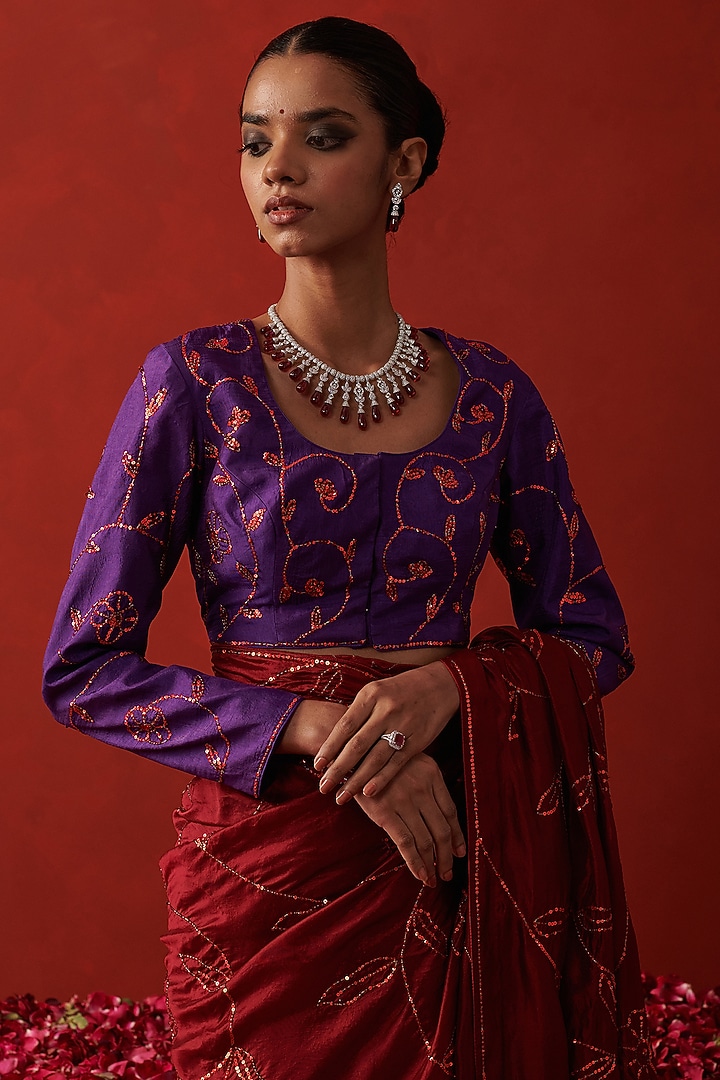 Purple Silk Sequin Hand Embroidered Blouse by RASHIKA MITTAL at Pernia's Pop Up Shop