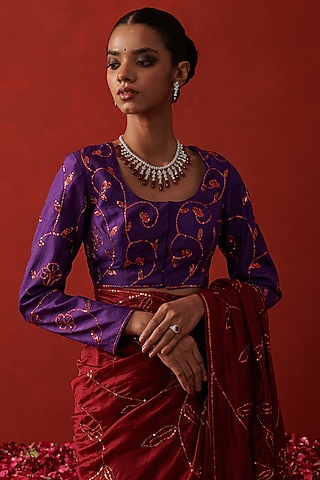 Purple Silk Sequin Hand Embroidered Blouse by RASHIKA MITTAL