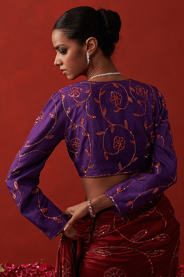 Purple Silk Sequin Hand Embroidered Blouse by RASHIKA MITTAL at Pernia's Pop Up Shop