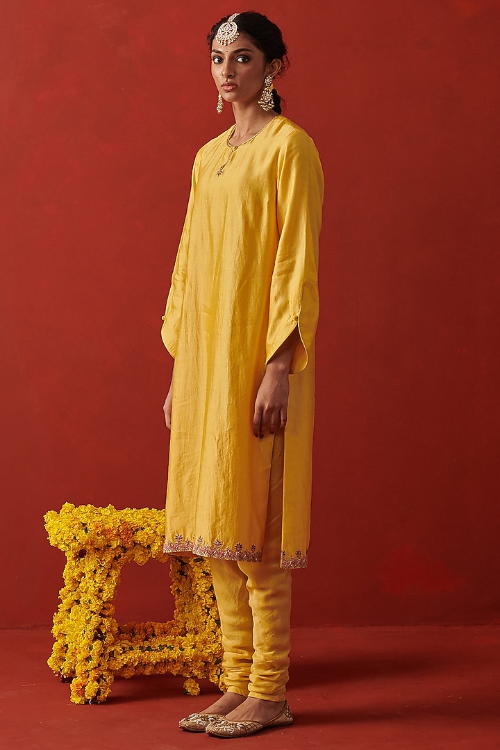 Yellow Silk Sequin & Thread Embroidered Kurta Set by RASHIKA MITTAL at Pernia's Pop Up Shop