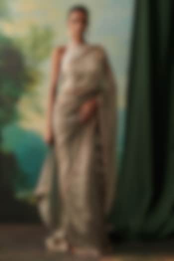 Silver Tissue Mirror & Zardosi Embroidered Wedding Saree by RASHIKA MITTAL at Pernia's Pop Up Shop