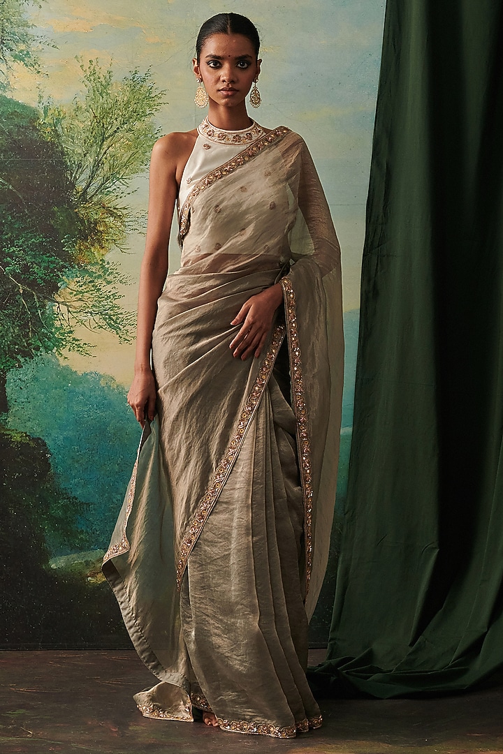 Silver Tissue Mirror & Zardosi Embroidered Wedding Saree by RASHIKA MITTAL at Pernia's Pop Up Shop