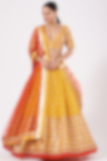 Canary Yellow & Rust Embroidered Flared Wedding Lehenga Set by RANG by Manjula Soni at Pernia's Pop Up Shop